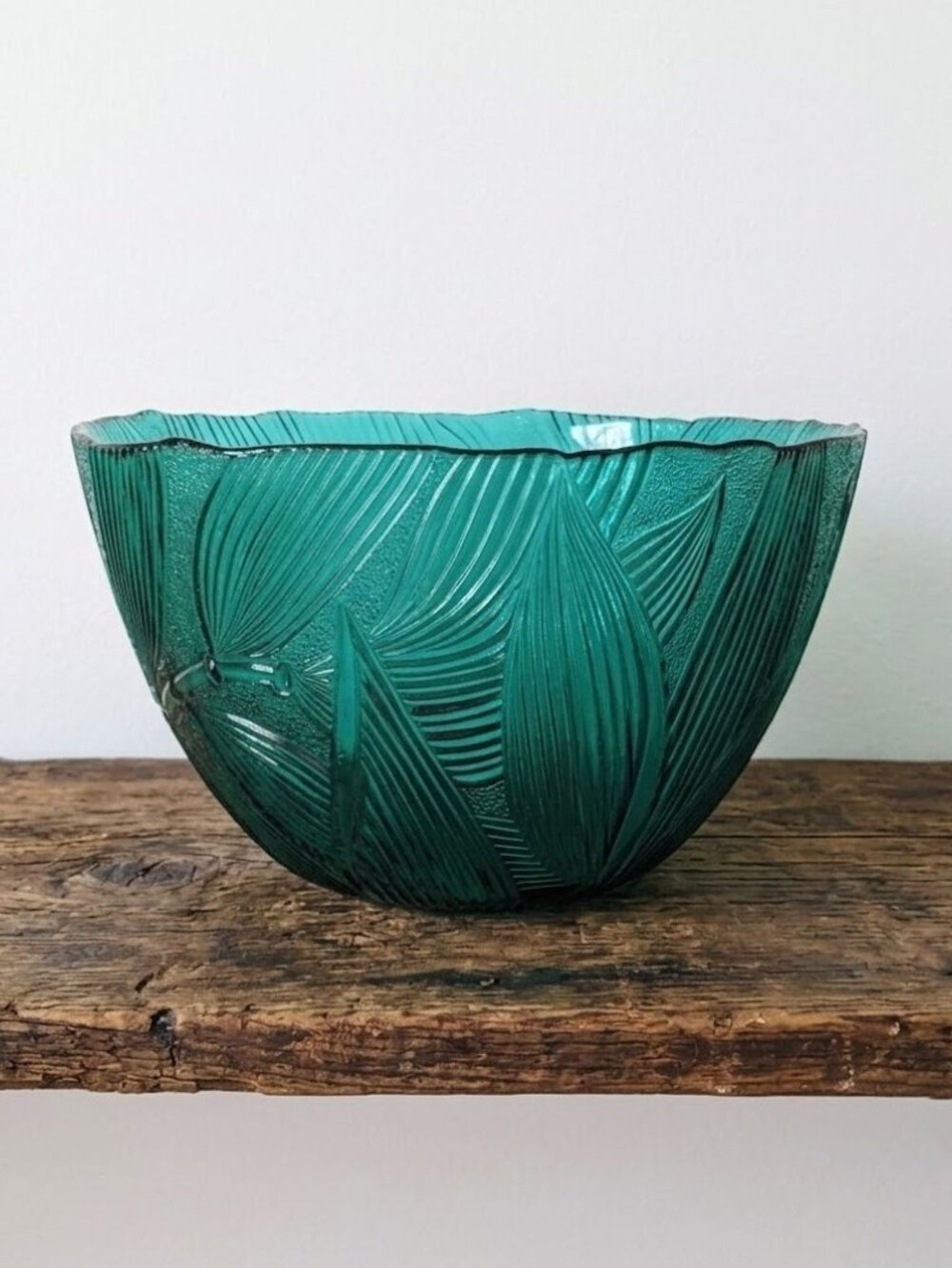 Vintage Teal Green Leaf Embossed Serving Bowl 9" Bamboo MCM Mid Century Decor